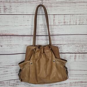 Fossil Shoulder Bag Womens Brown Leather Drawstring Tote Dual Handle Purse